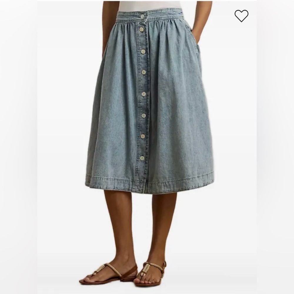 NEW Ralph Lauren Button-front Gathered Light Blue Denim Midi Skirt size 10